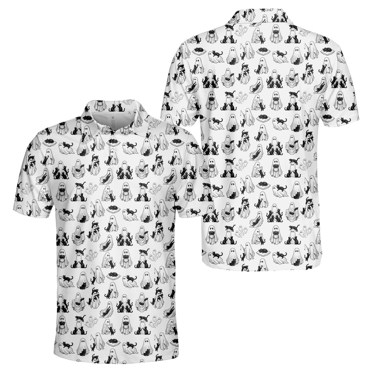 White ghosts polo shirt with black feline pattern, front view 5