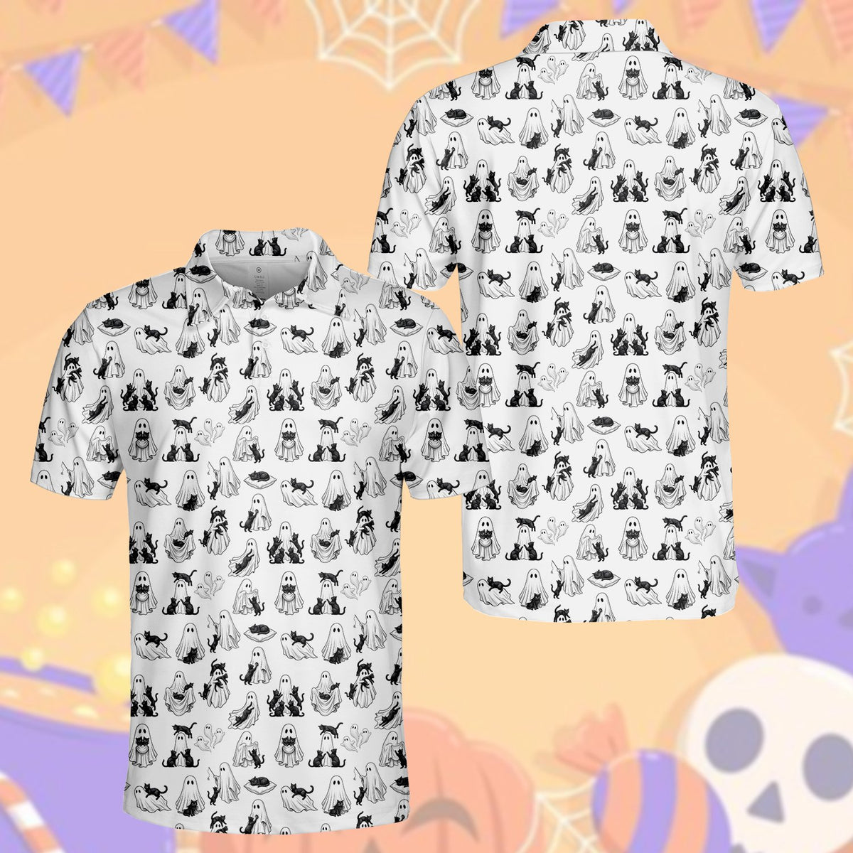 White ghosts polo shirt with black feline pattern, front view 6