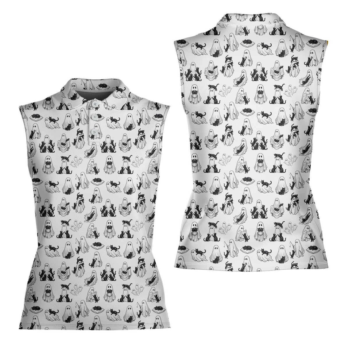 White ghosts polo shirt with black feline pattern, front view 7