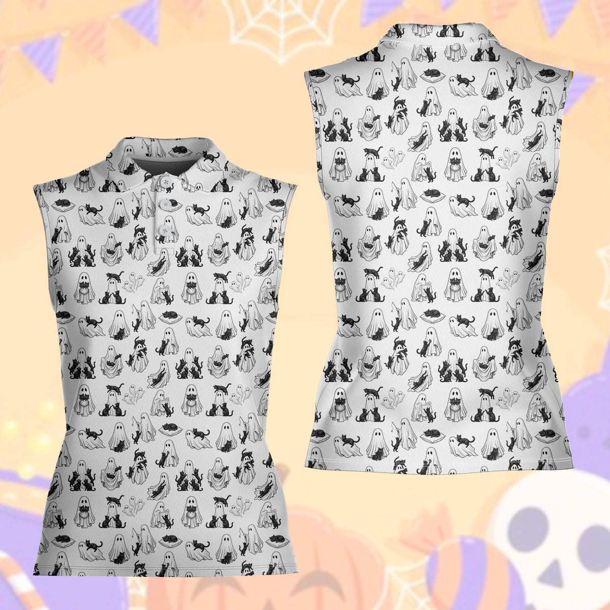 White ghosts polo shirt with black feline pattern, front view 8
