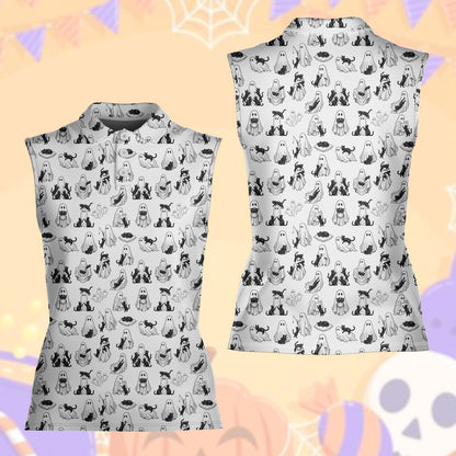 White ghosts polo shirt with black feline pattern, front view 8