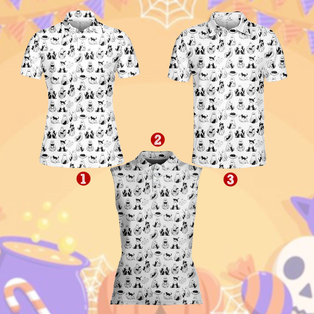 White ghosts polo shirt with black feline pattern, front view