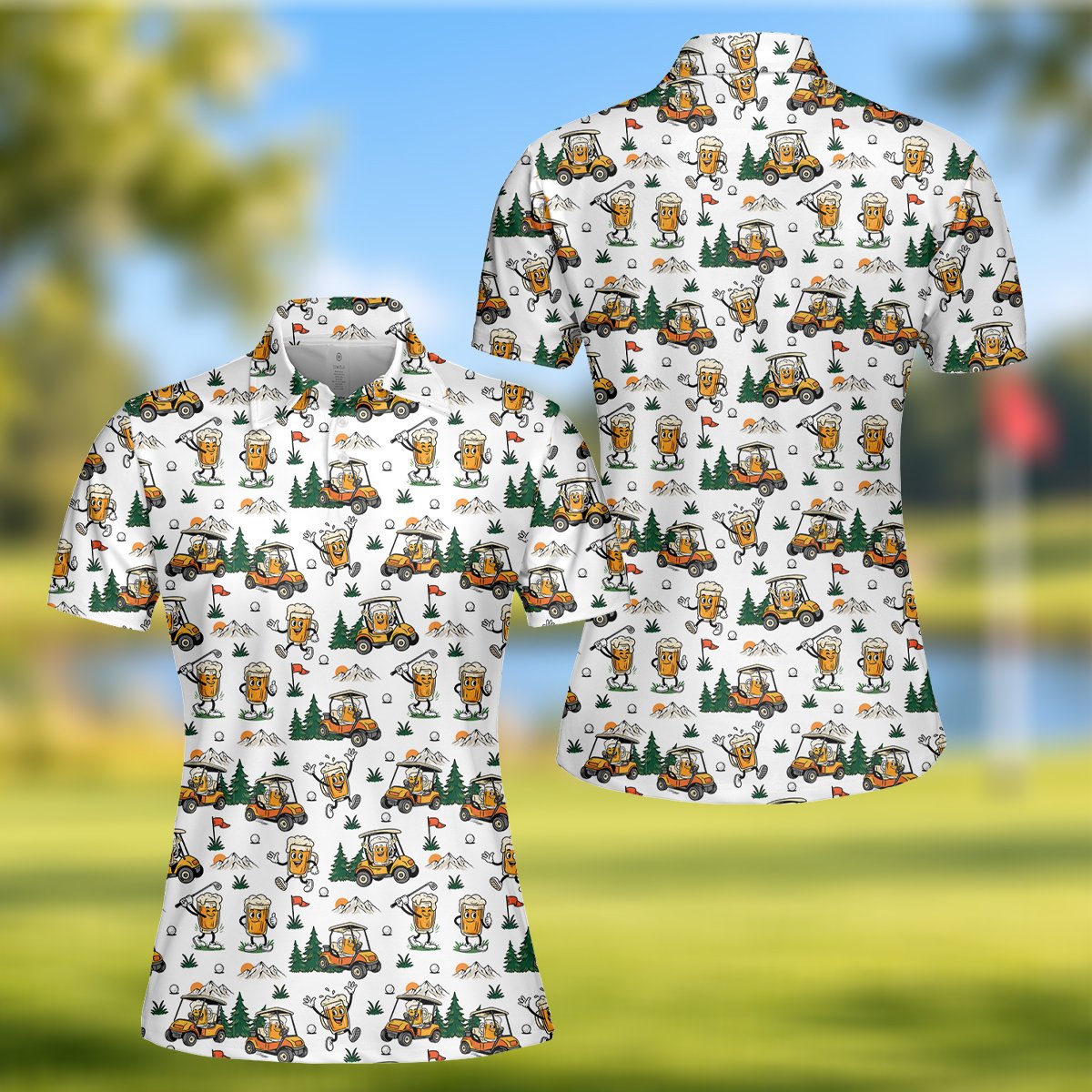 Close up main view of the cartoon beer mug print on the polo shirt