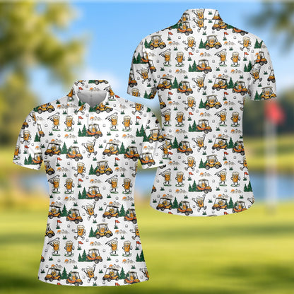 White golf and beer polo shirt featuring cartoon beer mugs, main view
