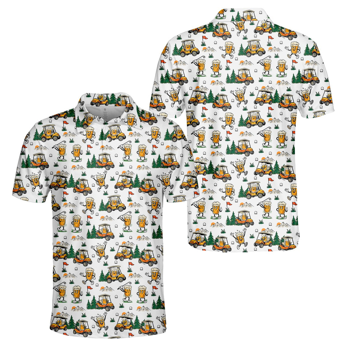 Alternate back view of the white golf and beer polo shirt