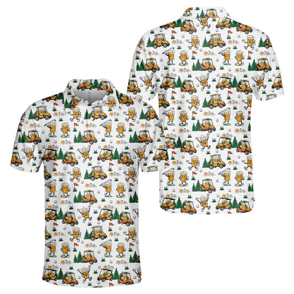 Alternate back view of the white golf and beer polo shirt