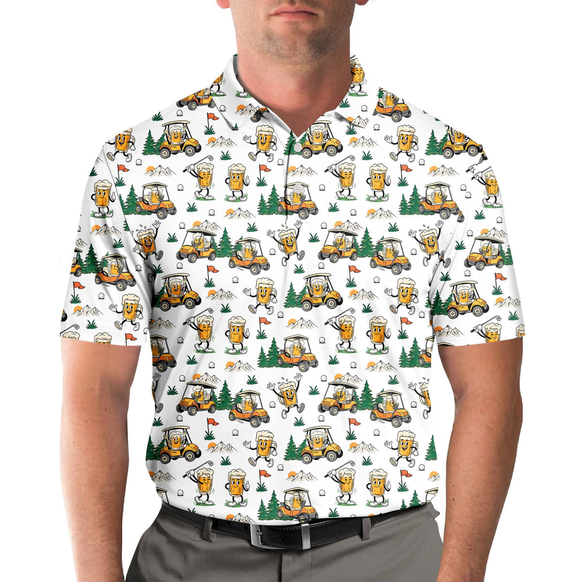 Alternate front view of the golf and beer polo shirt