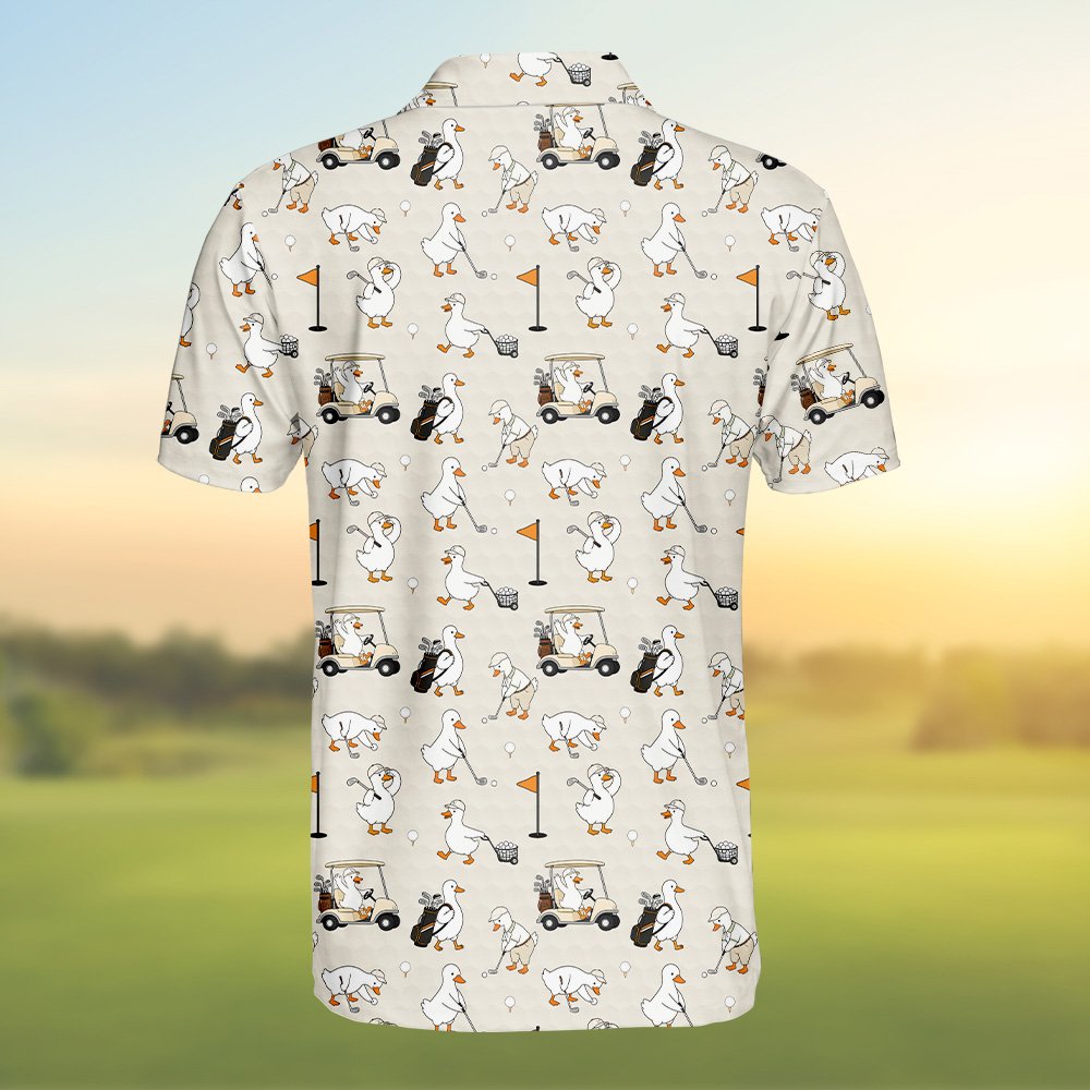 Detailed back view of the golf polo shirt duck design