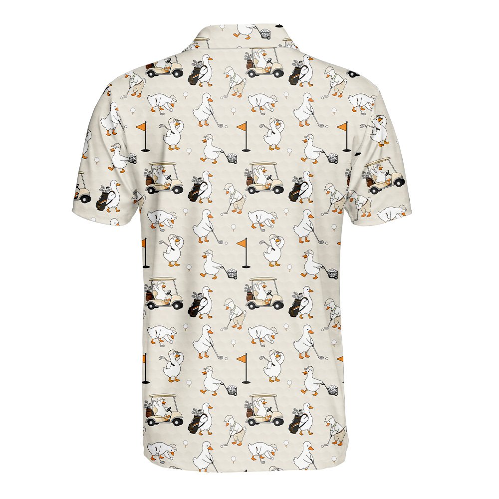 Back view of the beige golf polo shirt with all-over duck pattern