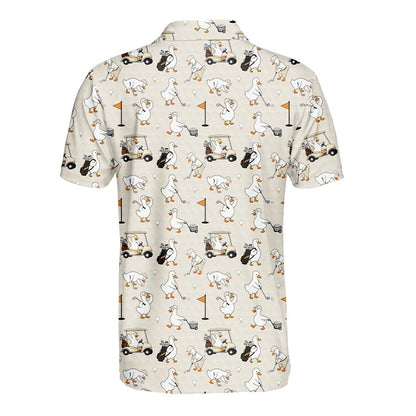 Back view of the beige golf polo shirt with all-over duck pattern