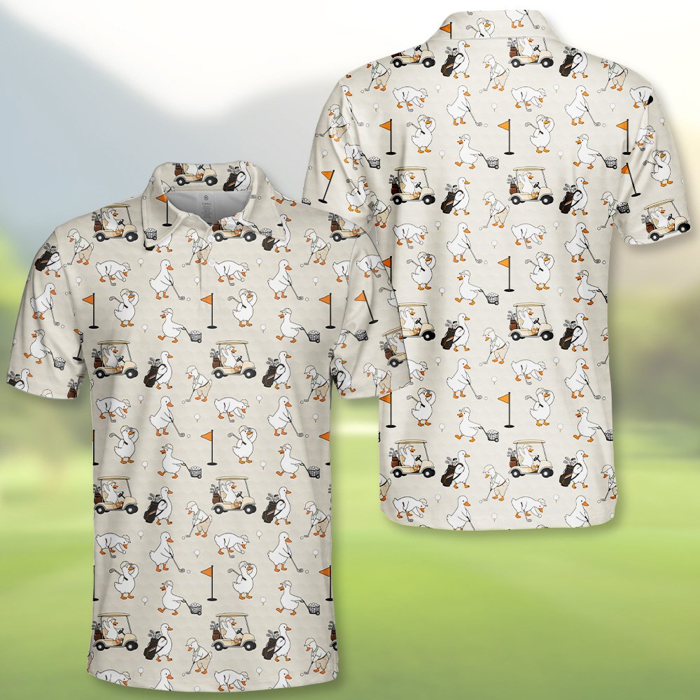 Beige golf polo shirt showcasing golfing ducks design, alternative front view