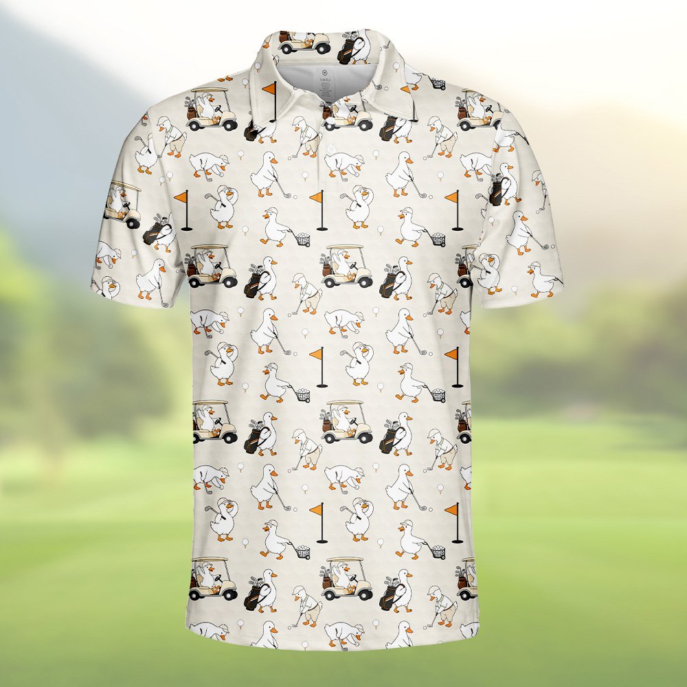 Close up front view of the beige golf polo shirt with duck print