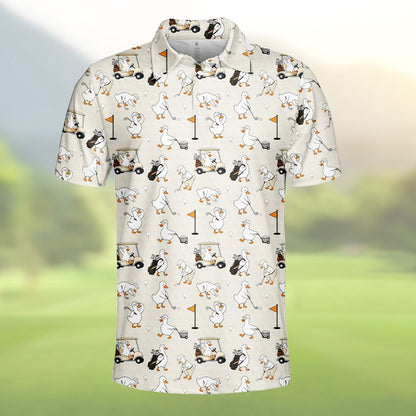 Close up front view of the beige golf polo shirt with duck print