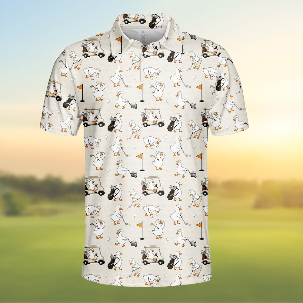 Detailed front view of the golf polo shirt collar and duck pattern