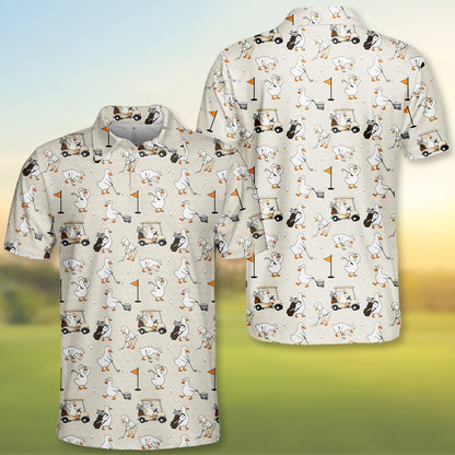Front angle view of the beige golf polo shirt