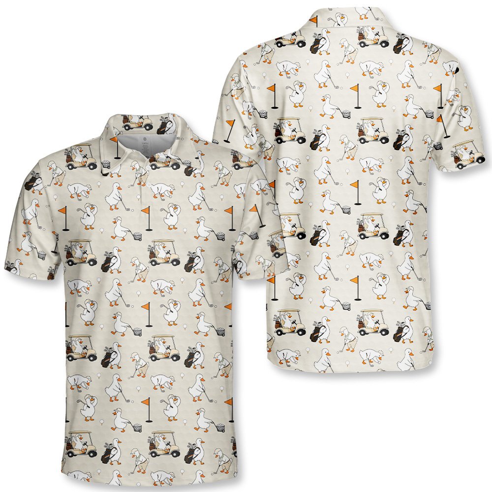 Beige golf polo shirt featuring a whimsical duck pattern, main view