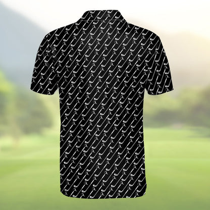 Golf polo shirt featuring white repeating clubs on black, alternate back view