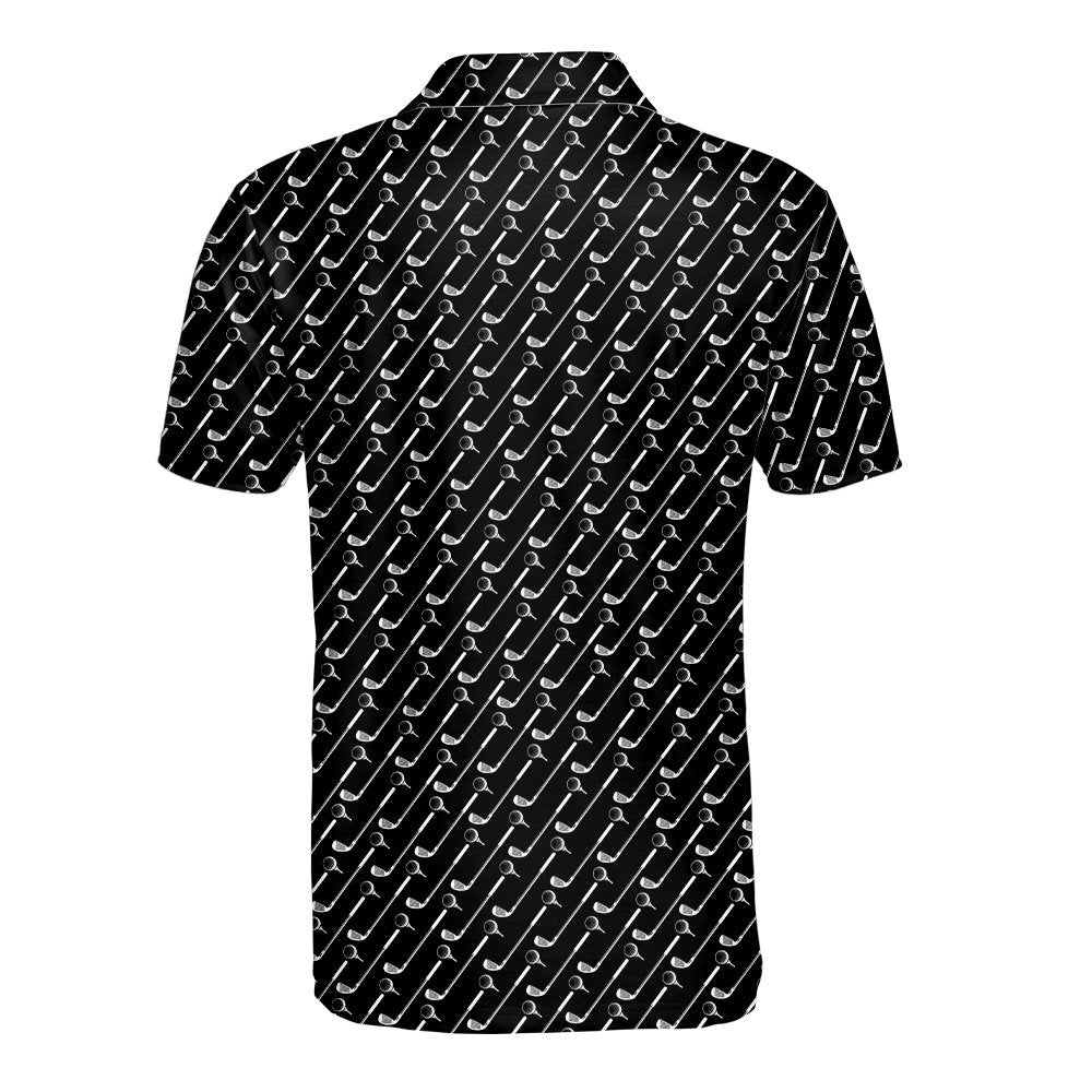Golf polo shirt featuring white repeating clubs on black, back view