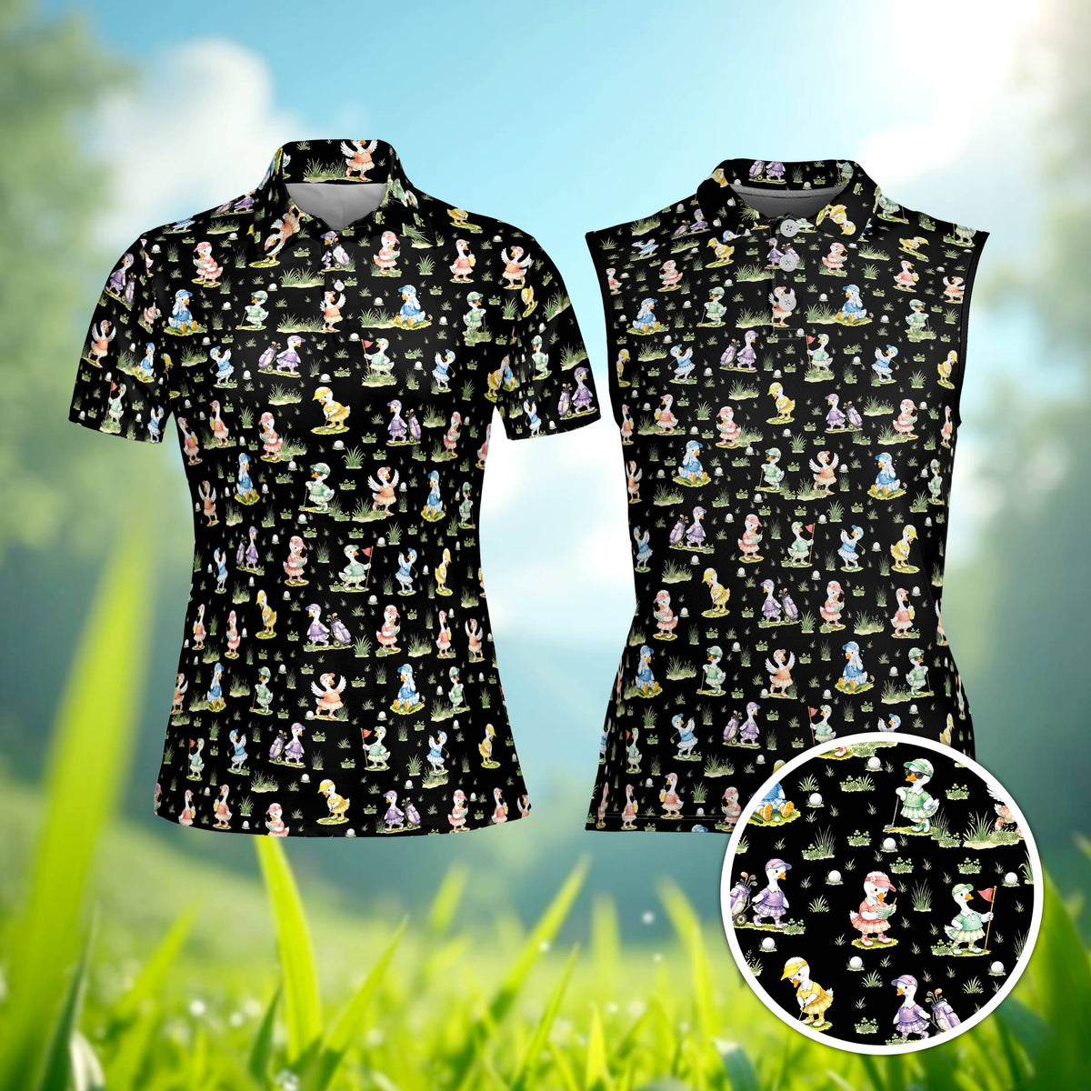 Black golf polo shirt featuring an all-over print of cartoon ducks playing golf
