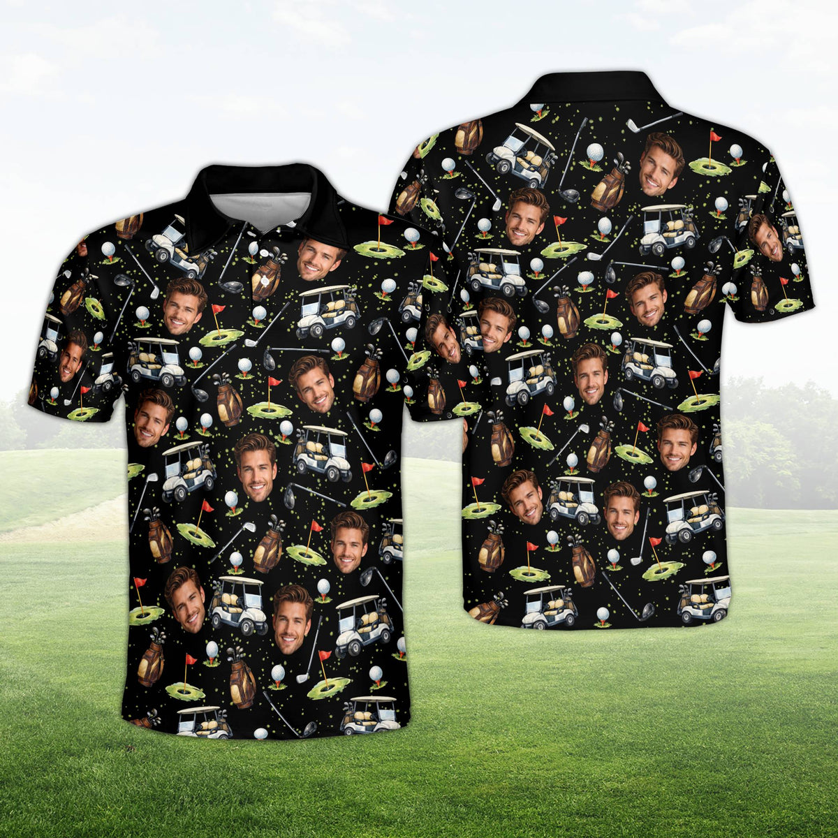 Main view of a black personalized golf polo shirt with custom face and golf pattern