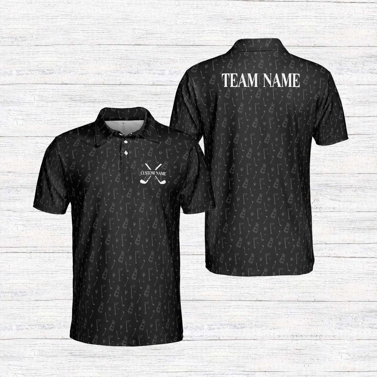 Personalized black golf polo shirt featuring all-over golf equipment print, front view