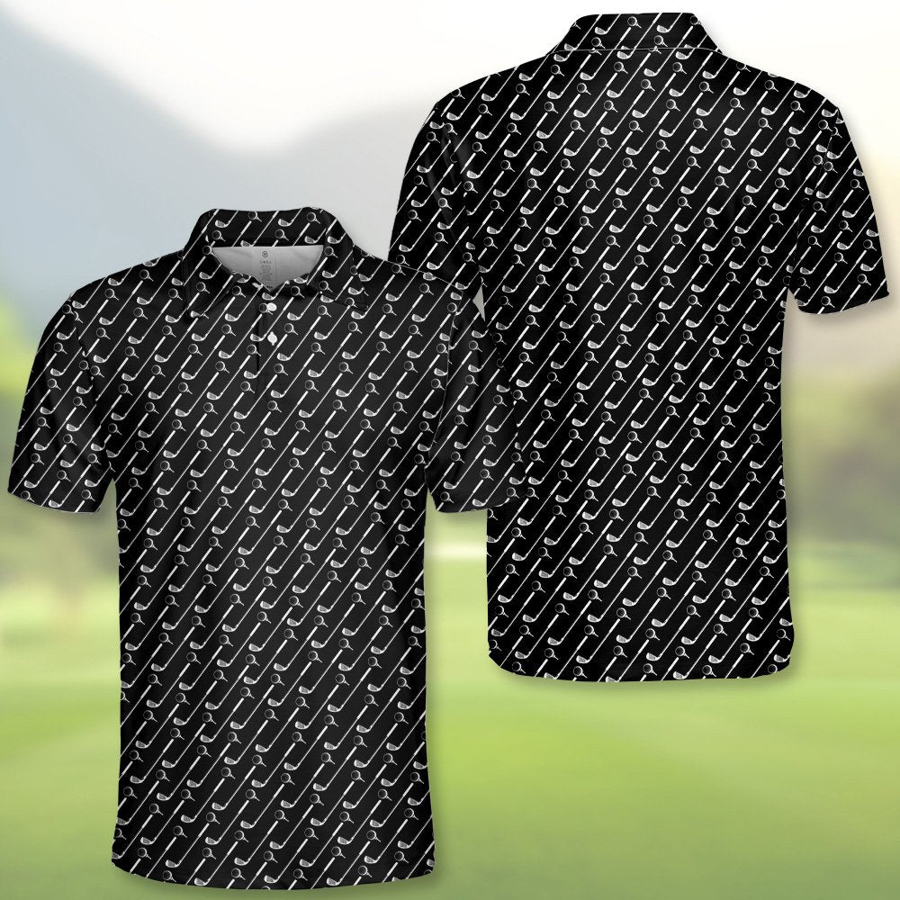 Golf polo shirt featuring white repeating clubs on black, alternate front view 1