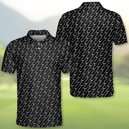 Golf polo shirt featuring white repeating clubs on black, alternate front view 1