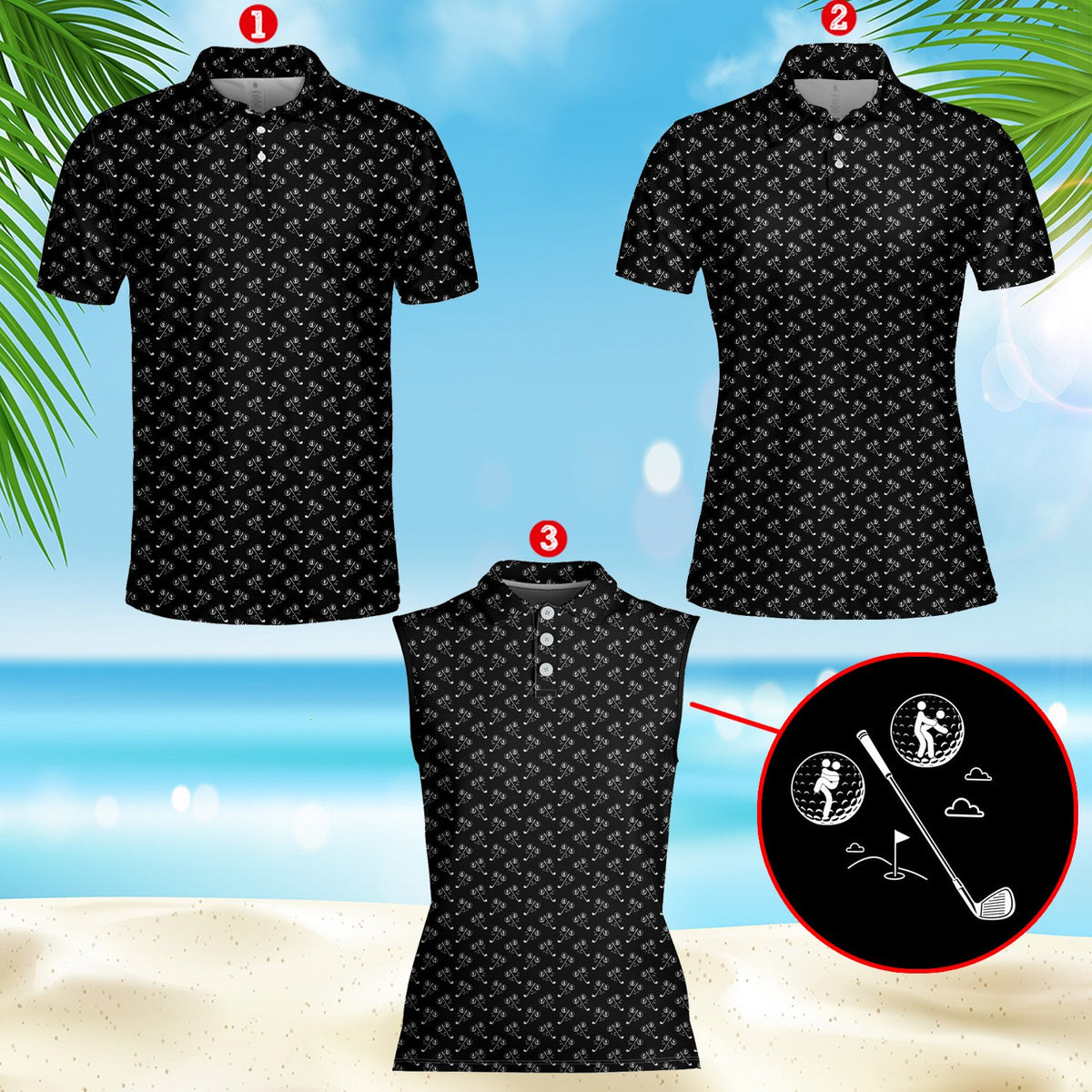 Close-up of abstract golf pattern on men's polo shirt