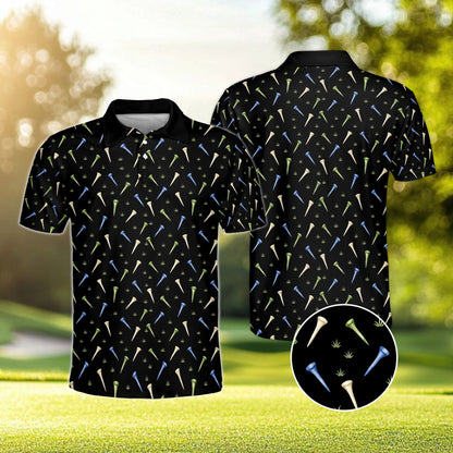 Black polo shirt featuring scattered tees pattern, front view