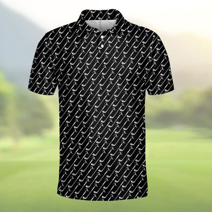 Golf polo shirt featuring white repeating clubs on black, alternate front view 2