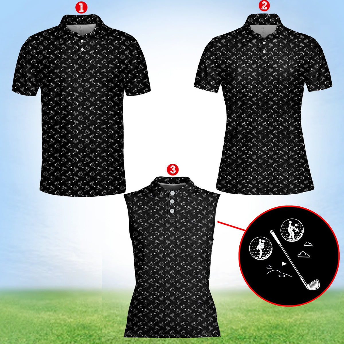 Polyester golf polo shirt in black and white