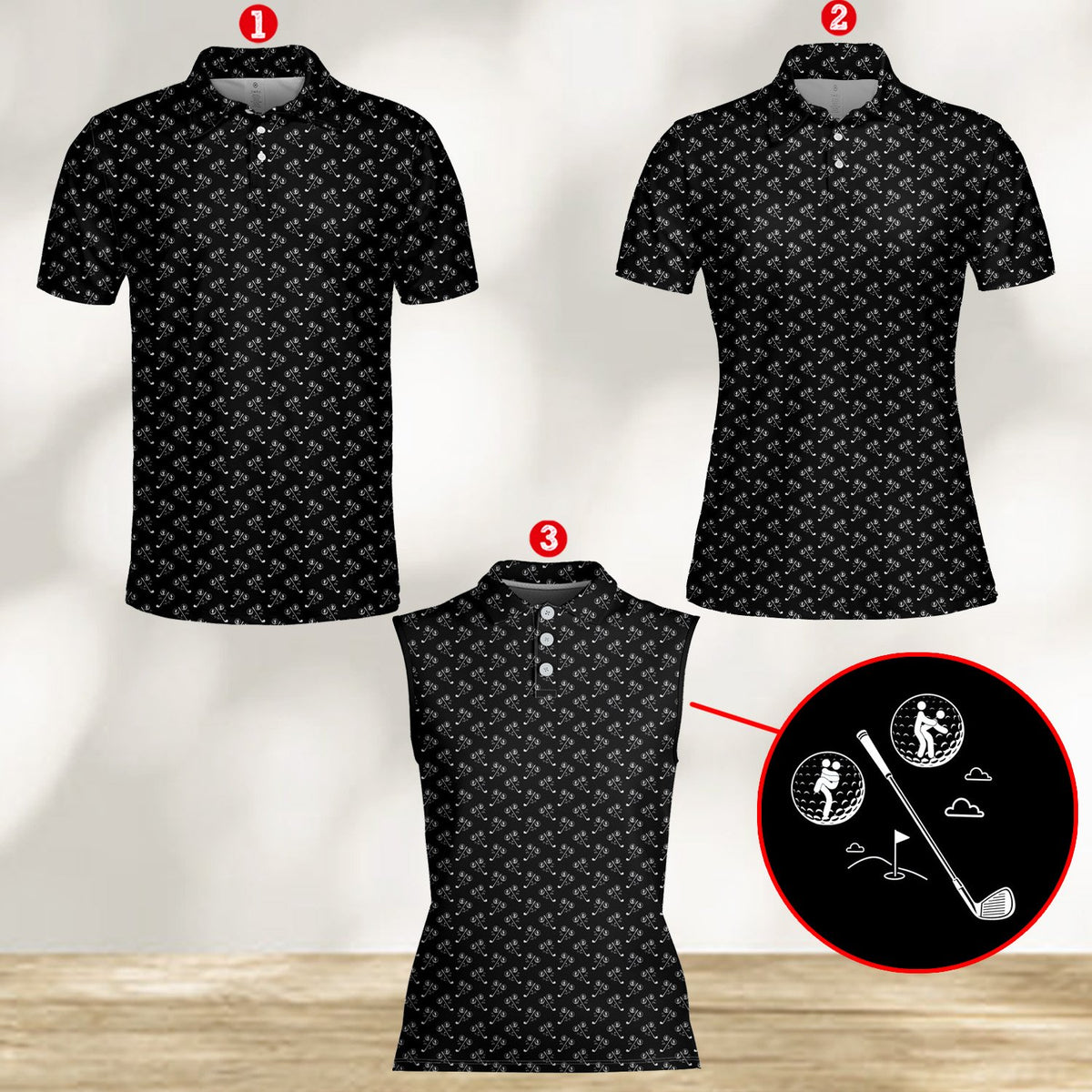 Golf polo shirt featuring putting green and golf balls design