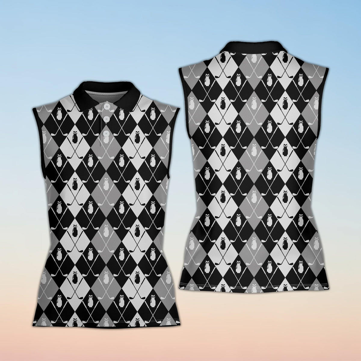 Black golf polo shirt with argyle diamond pattern, front view