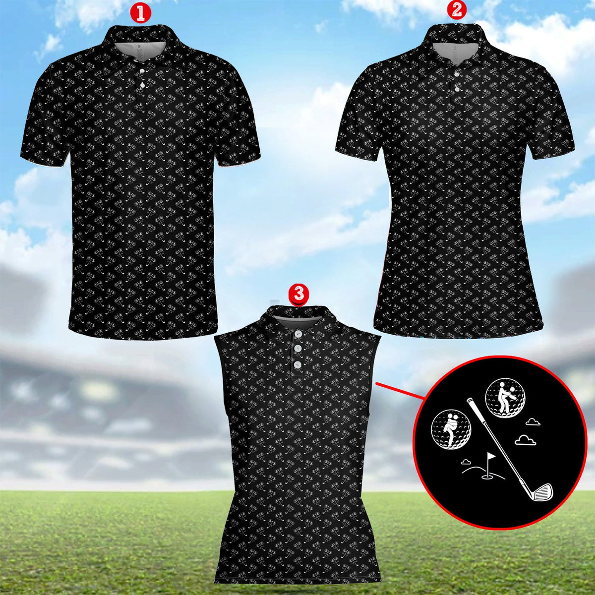 Black and white golf polo shirt lifestyle front view