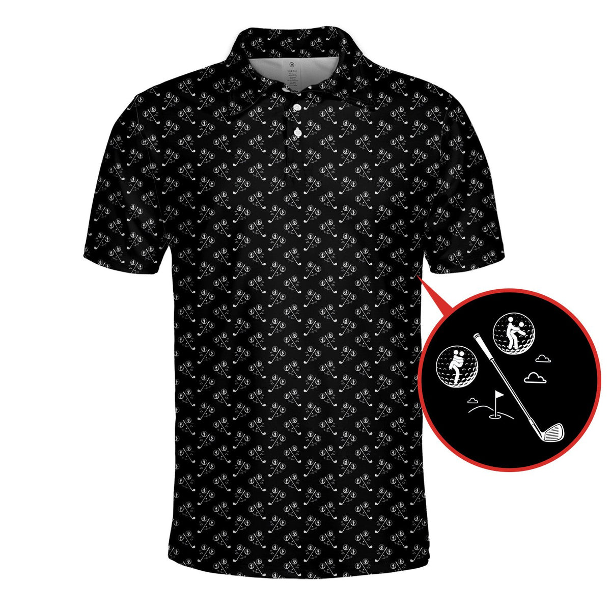 Detail view of the collar on the black golf polo shirt