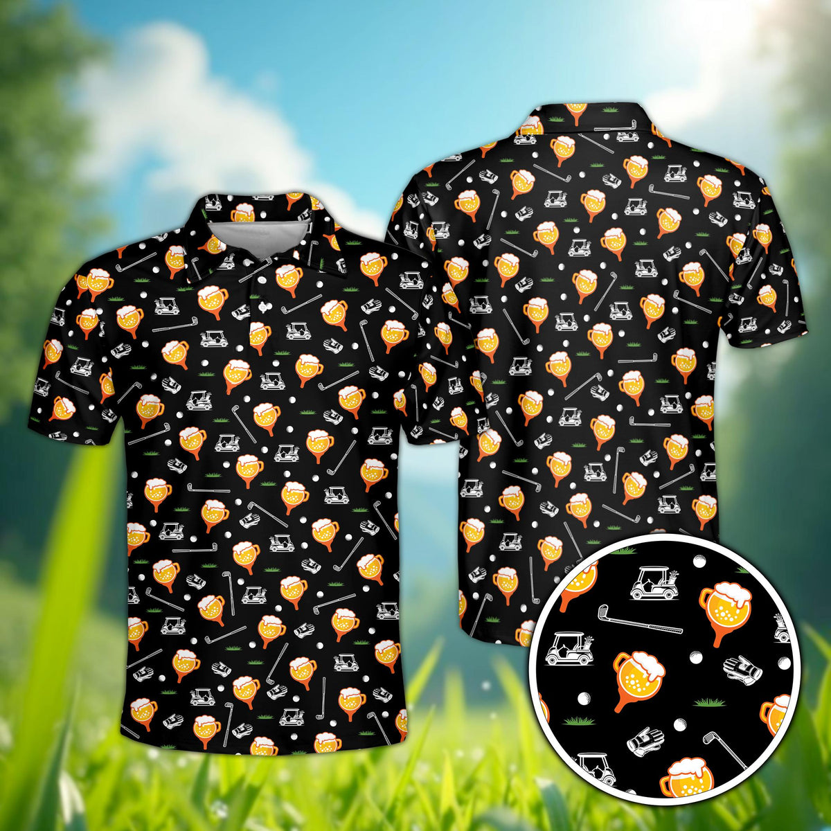 Black personalized polo shirt with golf theme, front view