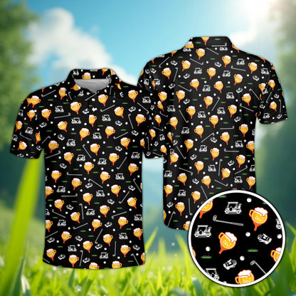 Black personalized polo shirt with golf theme, front view