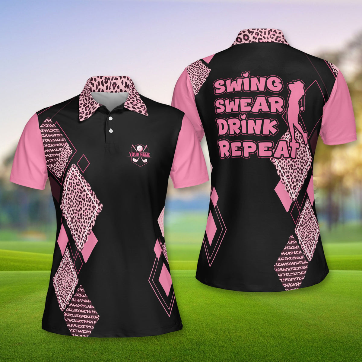 Front view of personalized black golf polo shirt with vibrant diamond pattern