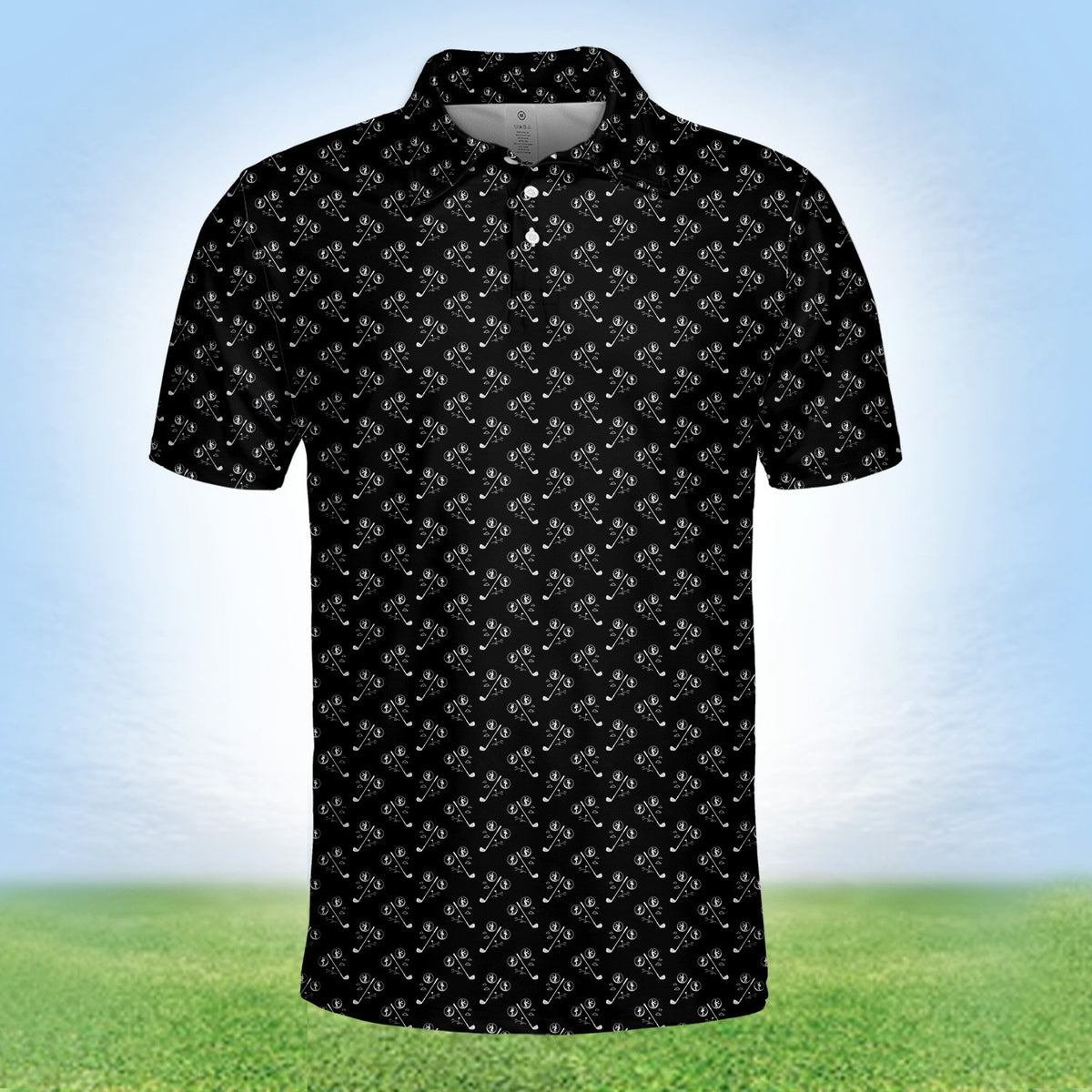 Full view of the black and white golf polo shirt