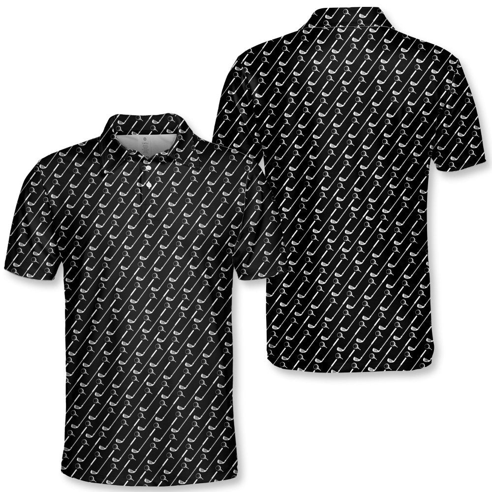 Golf polo shirt featuring white repeating clubs on black, front view