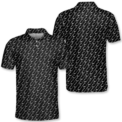 Golf polo shirt featuring a repeating pattern of white golf clubs on a solid black background, main view