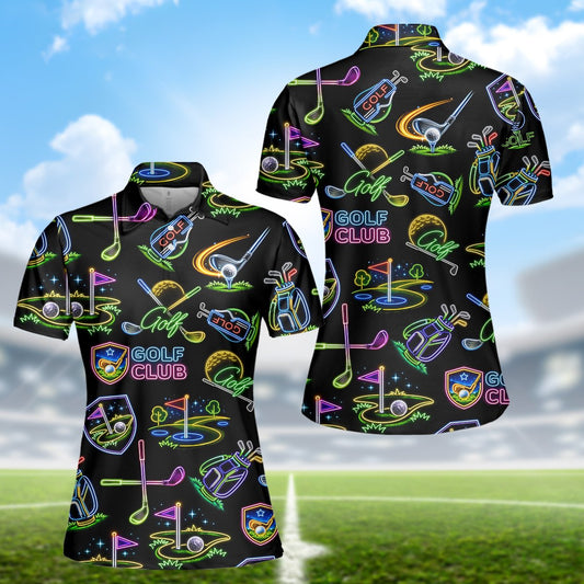 Black golf polo shirt featuring neon golf icons, main view