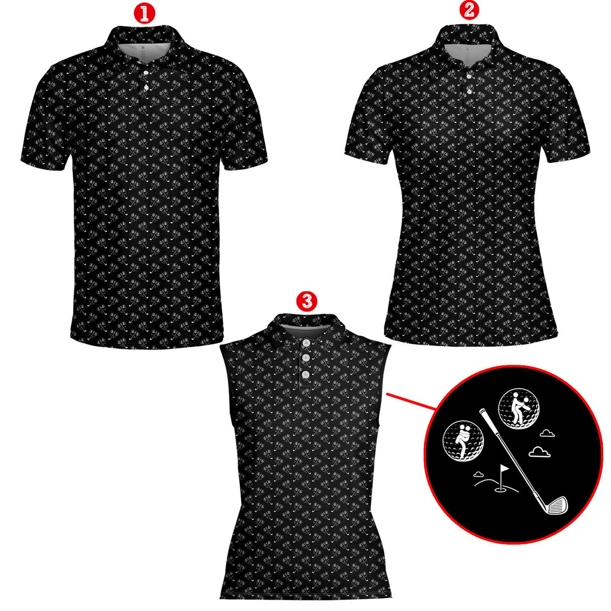 Front view of black polo shirt with white golf motif