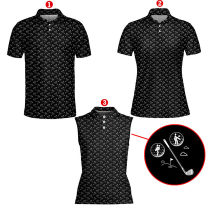 Front view of black polo shirt with white golf motif