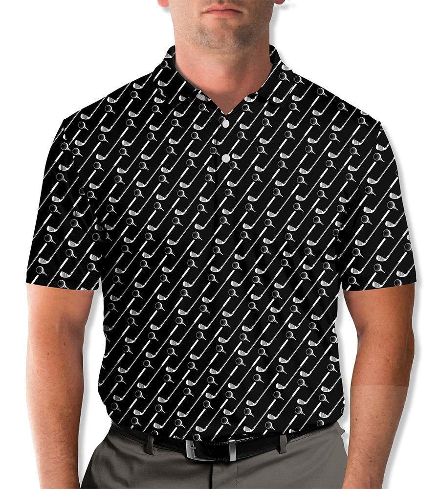 Lifestyle view of someone wearing the black golf polo shirt with white clubs pattern
