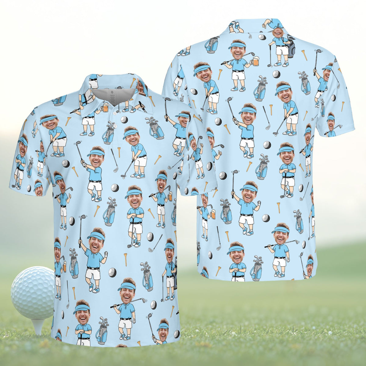 Personalized light blue golf polo shirt with custom name and number, front view