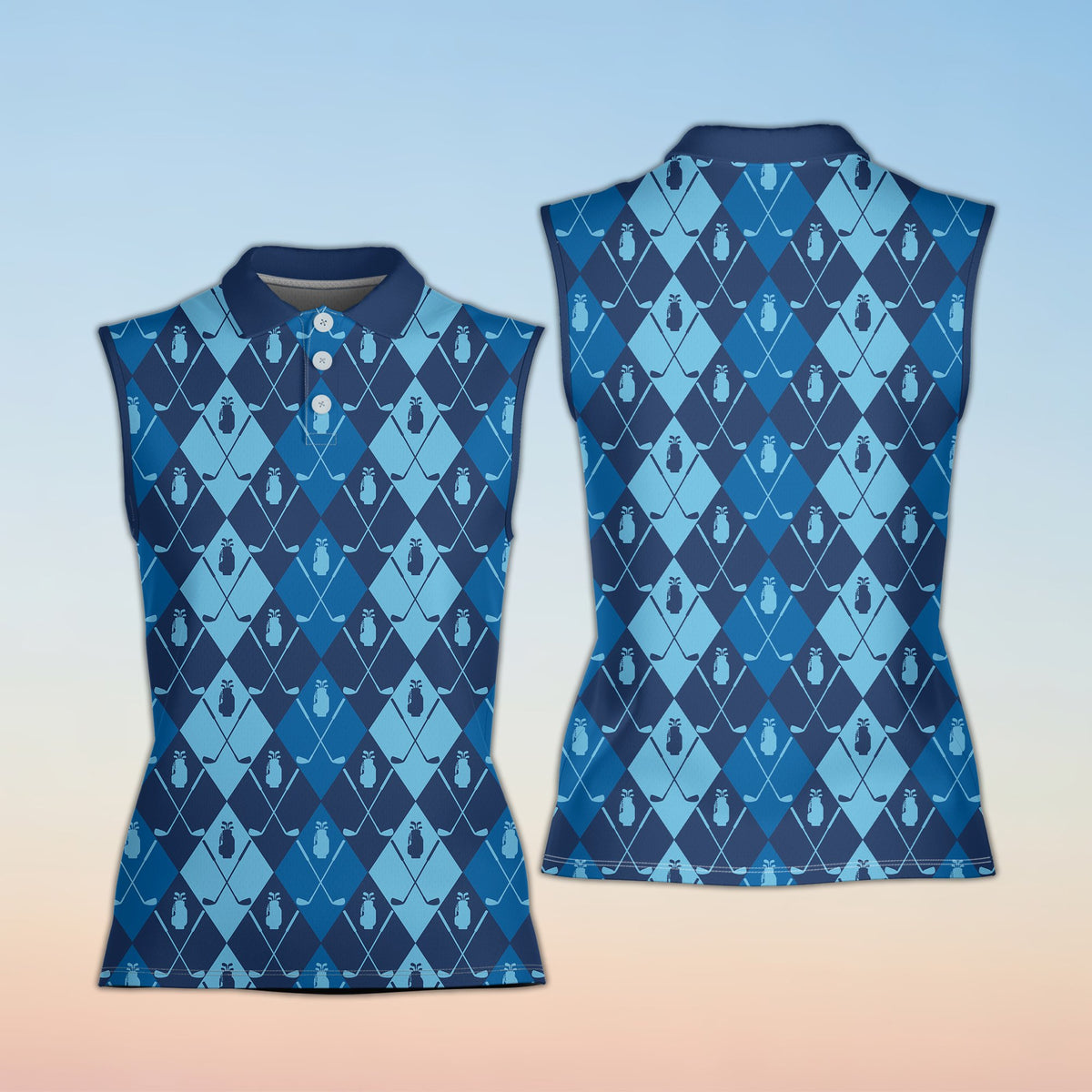 Blue golf polo shirt with geometric argyle pattern, front view