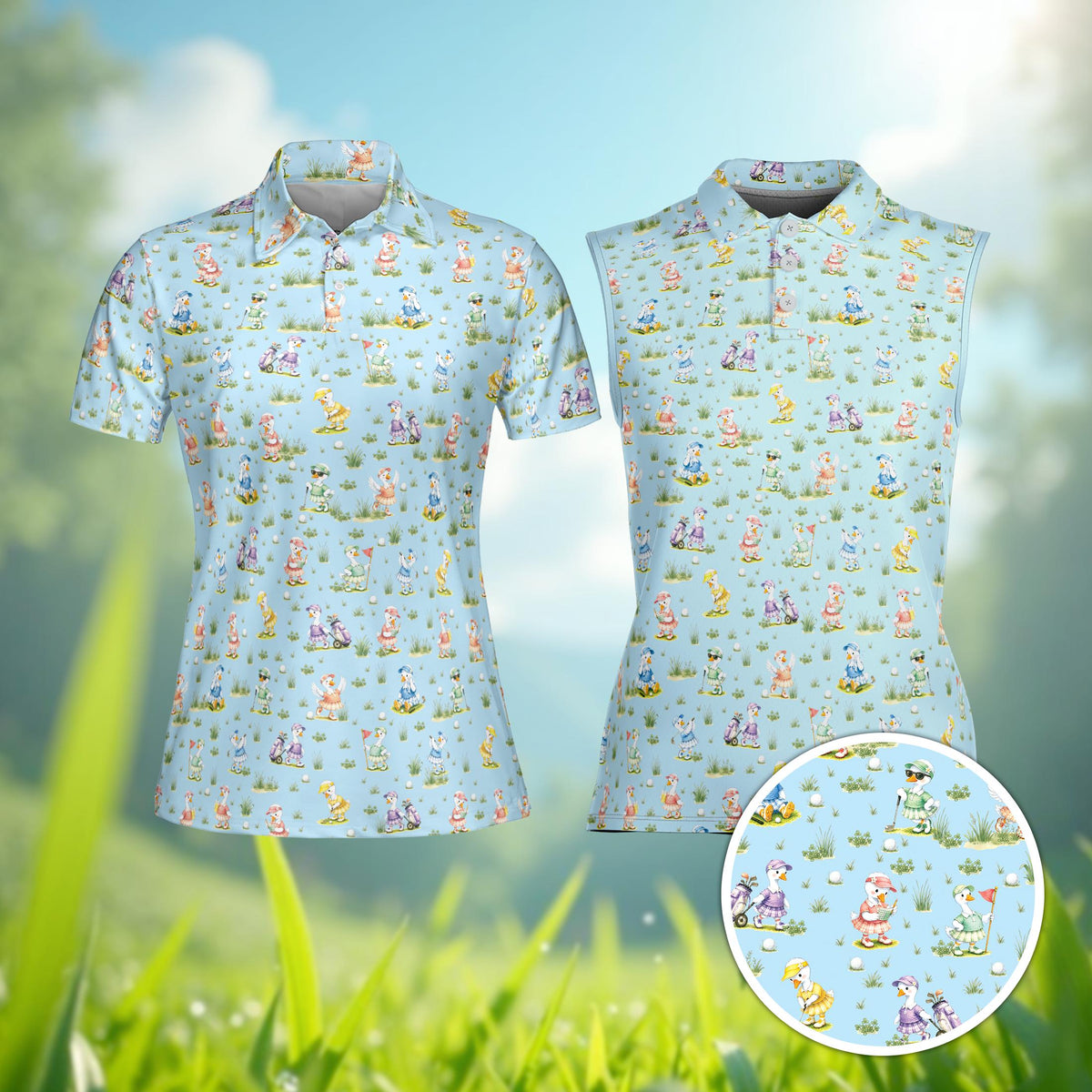 Light Blue golf polo shirt featuring an all-over print of cartoon ducks playing golf