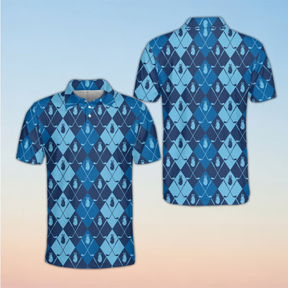 Teal blue golf polo shirt with geometric pattern, front view