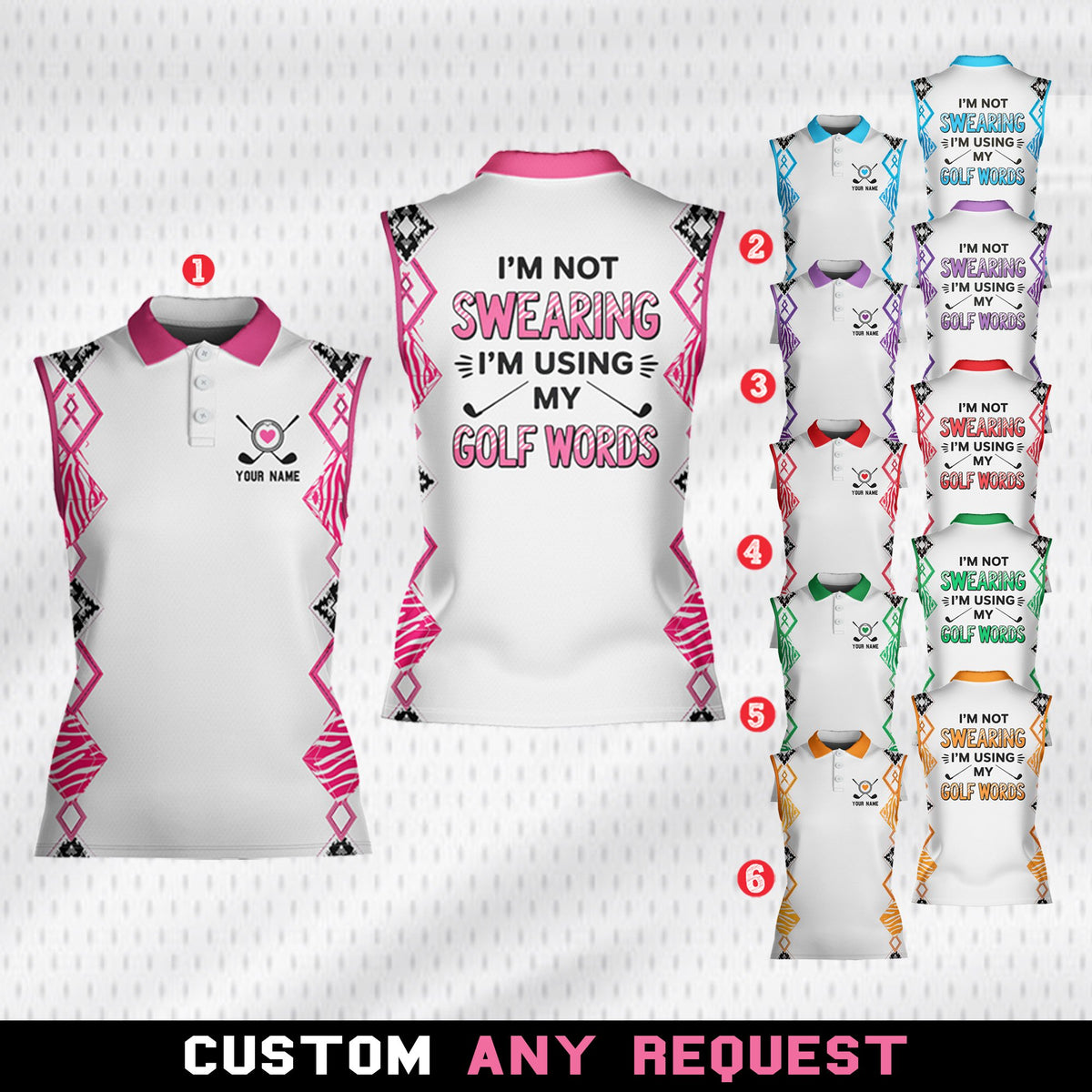 Close up front view of the sleeveless golf polo shirt with custom name